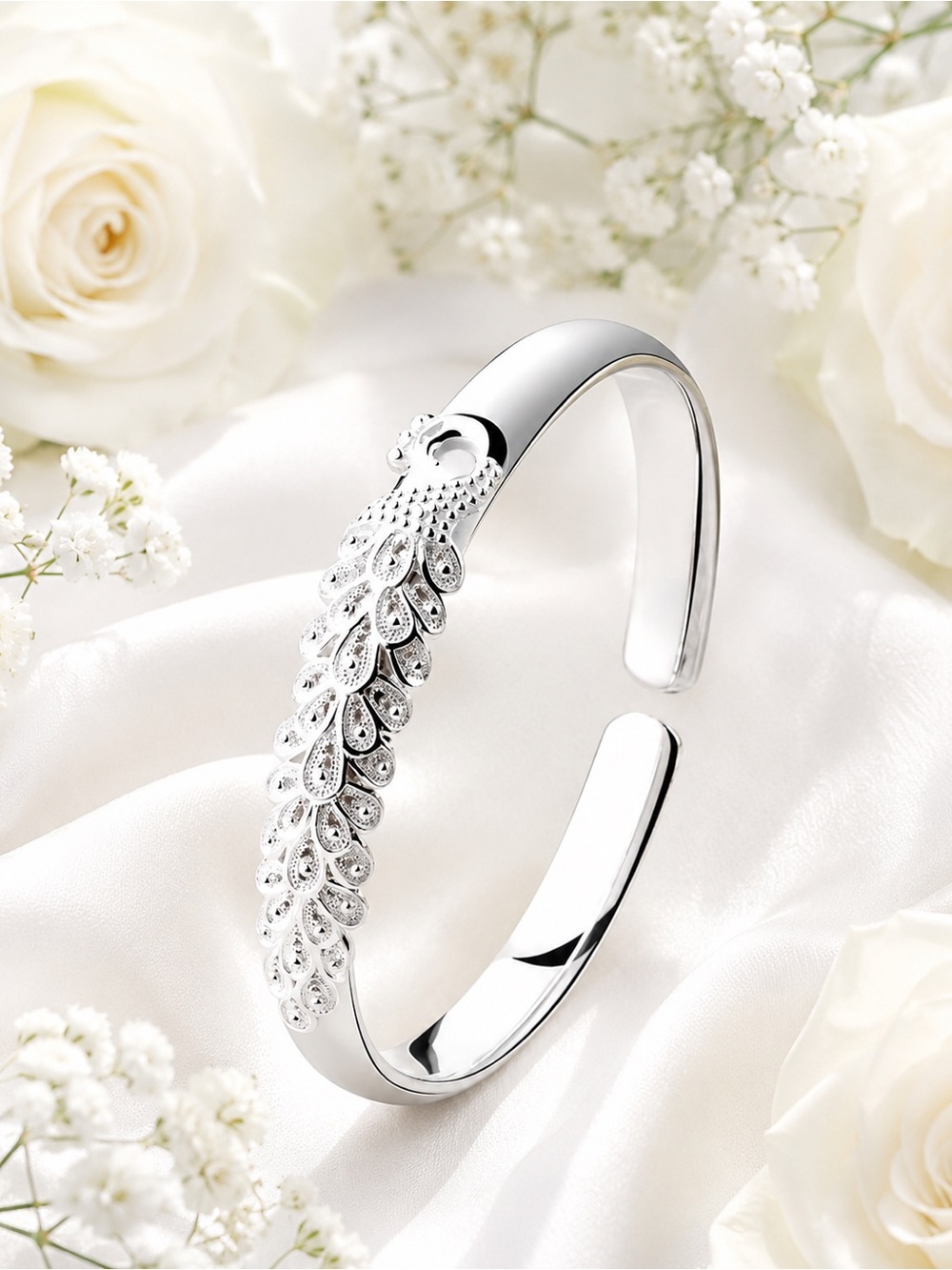 Elegant Silver Peacock Feather Cuff Bracelet